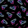 Neon sneakers seamless pattern with glowing shoes icons on black background. Trendy footwear, sport, youth concept for wallpaper,