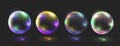 Neon soap bubble realistic 3D vector set. Rainbow colorful iridescent glass balls or spheres isolated on dark Royalty Free Stock Photo