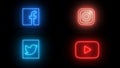 Neon social media icons set. Facebook, Instagram, Twitter and Youtube icon with neon, glowing led lights
