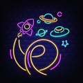 Neon space icons set, rocket, ufo, Saturn and star Royalty Free Stock Photo