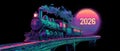 Neon Space Train with 2026 Sign Over Planet Surface Royalty Free Stock Photo