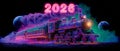 Neon Space Train with 2026 Sign Over Planet Surface Royalty Free Stock Photo