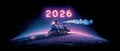 Neon Space Train with 2026 Sign Over Planet Surface Royalty Free Stock Photo