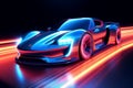 Neon speed demon, Futuristic sports car accelerates with vibrant light trails