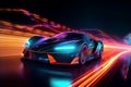 Neon speed demon, Futuristic sports car accelerates with vibrant light trails
