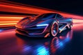 Neon speed demon, Futuristic sports car accelerates with vibrant light trails