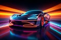 Neon speed demon, Futuristic sports car accelerates with vibrant light trails