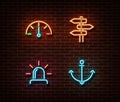 Neon speed, direction, siren, anchor signs vector isolated on brick wall. Transport things light sym