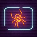 Neon spider sign arachnid logo on the wall. Royalty Free Stock Photo