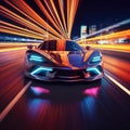 A neon sports car drives down a night road. AI Generation