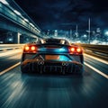 A neon sports car drives down a night road. AI Generation