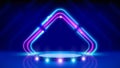 Neon square frame, led arch, podium, light lines. Stage. Glowing sparkling square. Background, backdrop for displaying products.