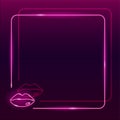 Neon square frame with lips icon on dark purple gradient background. Square textplace template. Beauty, make-up concept Royalty Free Stock Photo