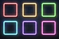 Neon square lamps. Realistic electric borders, illuminated frames. Glowing rectangle signboards and wall mounts