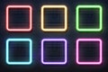 Neon square lamps. Realistic electric borders, illuminated frames. Glowing rectangle signboards and wall mounts. Fluorescent light