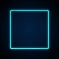 Neon square. Light glow box blue color isolated on dark background. Illuminated frame design print. Abstract digital border