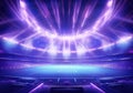 neon stadium stage, Glowing neon lighting and a blank platform for product placement, Satge platform for concert. AI Generative Royalty Free Stock Photo