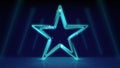 Neon star on blue background. Glowing led stars. Stage. Sparkling neon star, led lines. Stage light, backdrop for displaying