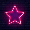 Neon star. Bright pink star frame on brick wall background with backlight. Realistic glowing night signboard. Retro star