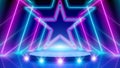 Neon stars, podium, stage light, led arcade. Background for awards ceremony. Pink blue purple glowing neon arch, lines, star.