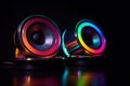 Neon Stereo Speakers on Dark Background with Reflection for Music Lovers. Royalty Free Stock Photo