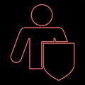 Neon stick man with shield Protecting personal data concept Man holding shield for reflecting attack Protected from attack idea Royalty Free Stock Photo