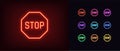 Neon stop icon. Glowing neon stop sign with text, outline silhouette