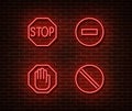 Neon stop roads signs vector isolated on brick wall. Stop hand, prohibited light symbol, decoration Royalty Free Stock Photo