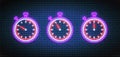 Neon stopwatch, timers with 50, 55 and 60 minutes. Vector illustration