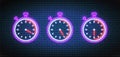 Neon stopwatch, timers with 20, 25 and 30 minutes. Vector illustration