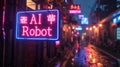 Neon store sign of AI Robot in cyberpunk city street at night, dark alley with futuristic shop. Gloomy grungy buildings with low