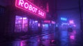 Neon store sign of Robot Sale on dark city street in rain at night, gloomy deserted buildings with purple and blue light. Concept
