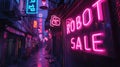 Neon store sign of Robot Sale on dark grungy street or alley at night, gloomy deserted city buildings with purple and blue light.