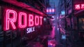 Neon store sign of Robot Sale on grungy city street in rain at night, dark gloomy buildings with red, purple and blue light.