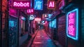 Neon store signs of AI and Robot on wet deserted city street at night, grungy dark alley with purple and blue light. Concept of Royalty Free Stock Photo