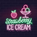 Neon strawberry ice cream typography with icons. Vector isolated neon illustration for any dark background. Fluorescent