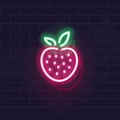 Neon strawberry icon. Vector isolated neon illustration for any dark background. Fluorescent line art icon for menu
