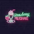 Neon strawberry milkshake typography and icon. Vector isolated neon illustration for any dark background. Fluorescent