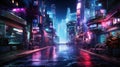 Neon street in cyberpunk city at night, modern buildings in purple lights Royalty Free Stock Photo