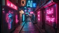 Neon street in cyberpunk city at night, shop signs AI and Robot Repair in grungy dark lane, view of store lights. Concept of Royalty Free Stock Photo