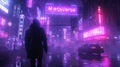 Neon street in cyberpunk city at night, sign Metaverse and lone man in dark futuristic town in rain. Concept of future, virtual Royalty Free Stock Photo