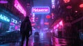 Neon street in cyberpunk city in rain at night, sign Metaverse and man in dark futuristic wet town. Concept of future, virtual Royalty Free Stock Photo