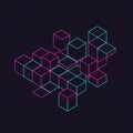 Neon-style digital art featuring interlocking cubes. Pink and blue lines form an Royalty Free Stock Photo