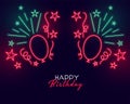 Neon style happy birthday banner with balloons