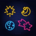 Neon style night sleep icon set with comet, star and moon.