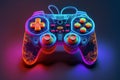 Neon-stylized gamepad in a unique design. Future of gaming. Console gaming. Generative AI