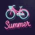 Neon summer bicycle. Night illuminated wall street sign. Isolated geometric style illustration on brick wall background