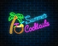 Neon summer cocktail bar sign on dark brick wall background. Glowing gas advertising with shake in coconut Royalty Free Stock Photo