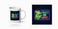 Neon summer print of sinco de mayo holiday for cup design. Mexican festival design with guitar, cactus and sombrero