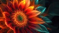 A neon sunflower with a golden center and petals in shades of orange and red radiating warmth and energy